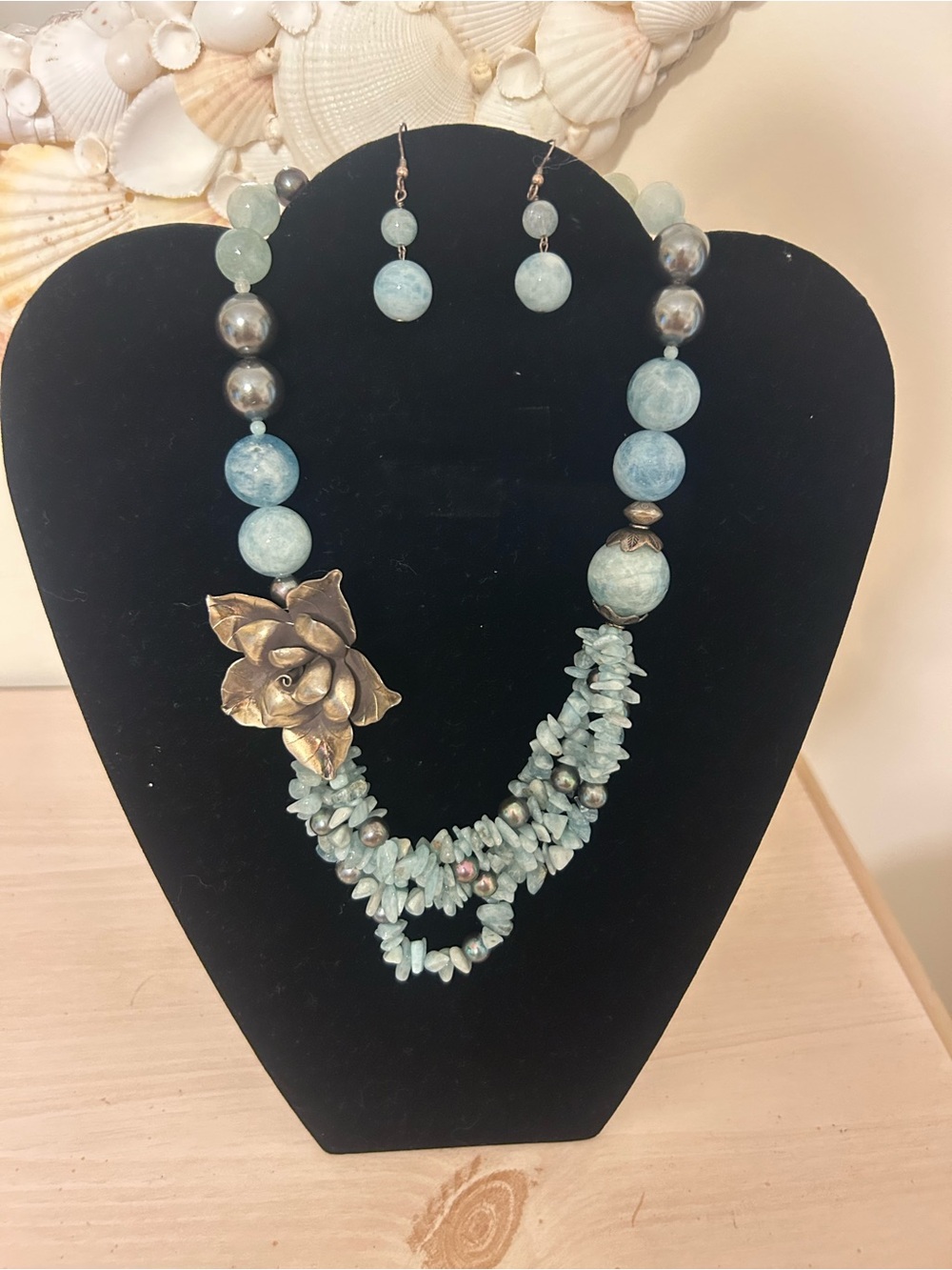 Artisan Aqua Stone Bead Necklace & Earrings Set Floral Statement Boho